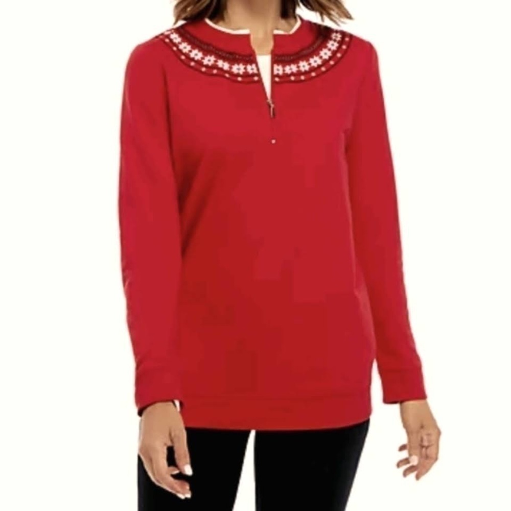 Kim Rogers‎ Women's Size Small Sweatshirt Red Fair Isle Quarter Zip Holiday